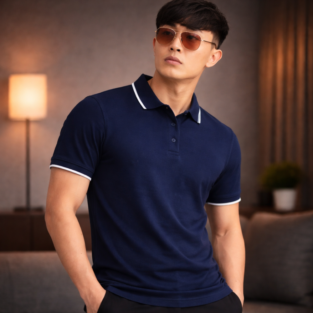 Navy Blue Polo T-Shirt for Men – Single Tipping Collar | Smart Casual Wear