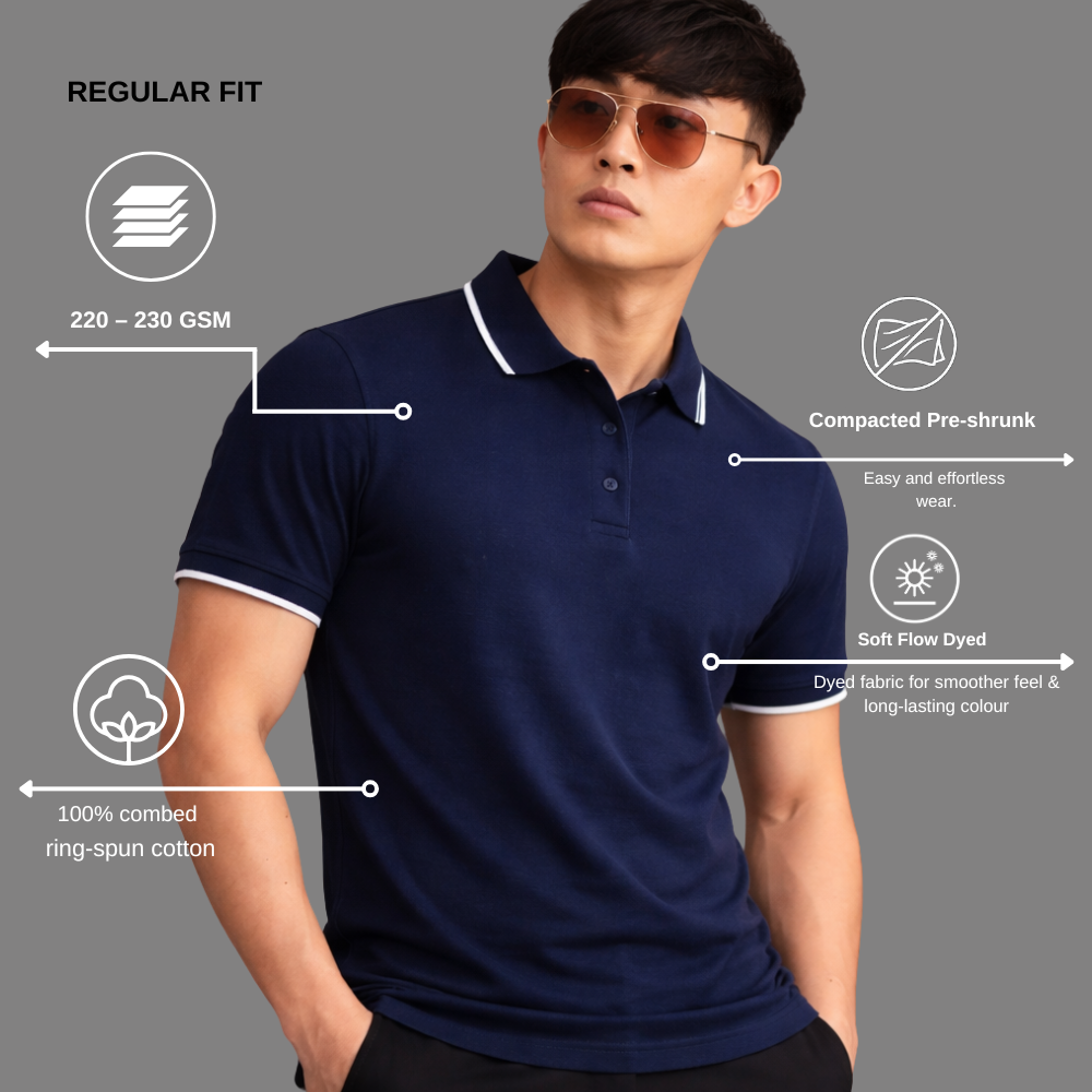 Navy Blue Polo T-Shirt for Men – Single Tipping Collar | Smart Casual Wear