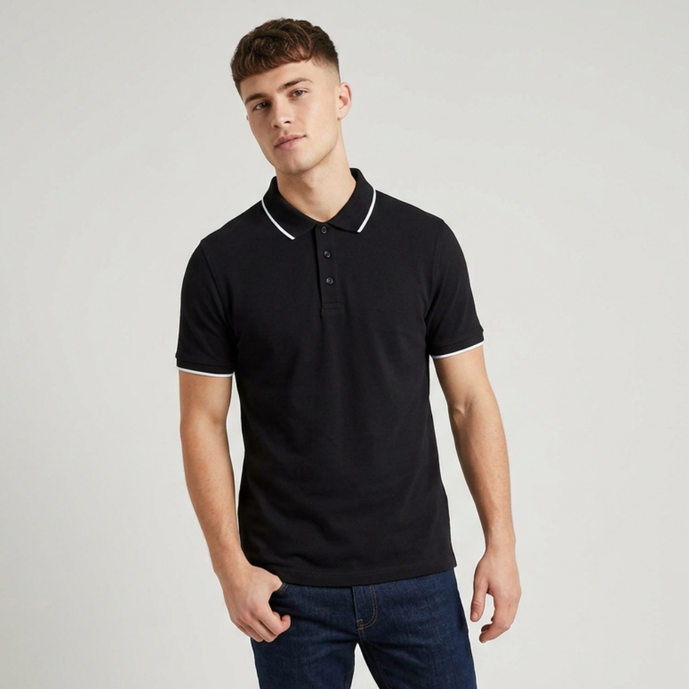 Men’s Cotton Polo T-Shirt – Black Tipping Collar | Regular Fit