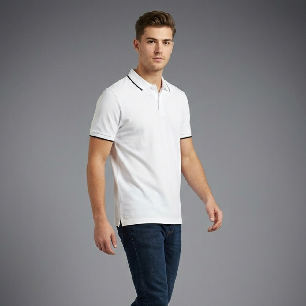 White Polo T-Shirt for Men – Tipping Collar Cotton Tee | Regular Fit