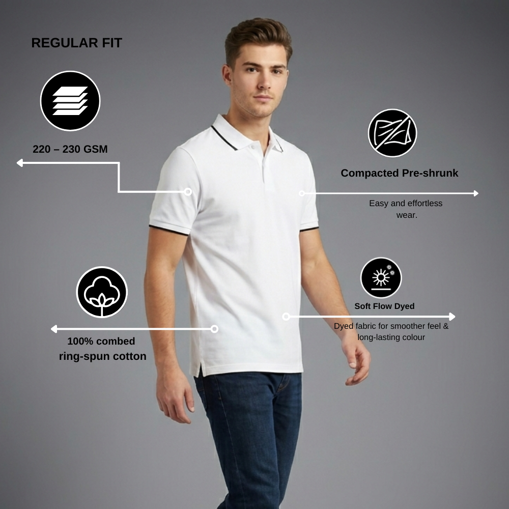 White Polo T-Shirt for Men – Tipping Collar Cotton Tee | Regular Fit