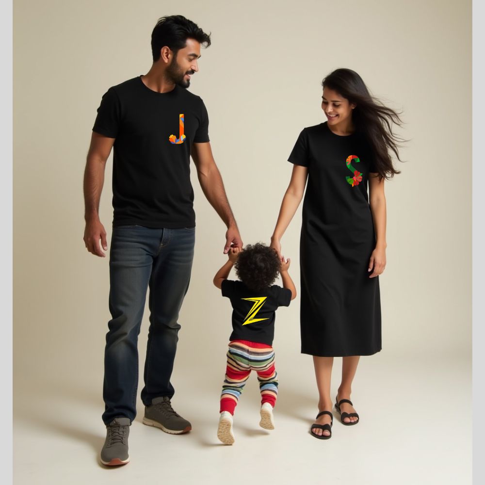 First Letter/Initials Customised Black Tshirt and Tshirt Dress Combo - Customised Initials Tshirt Combo