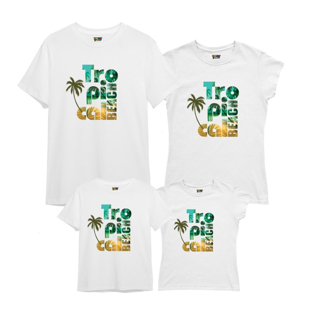 Tropical Beach and Coconut Tree Printed Family T-Shirts