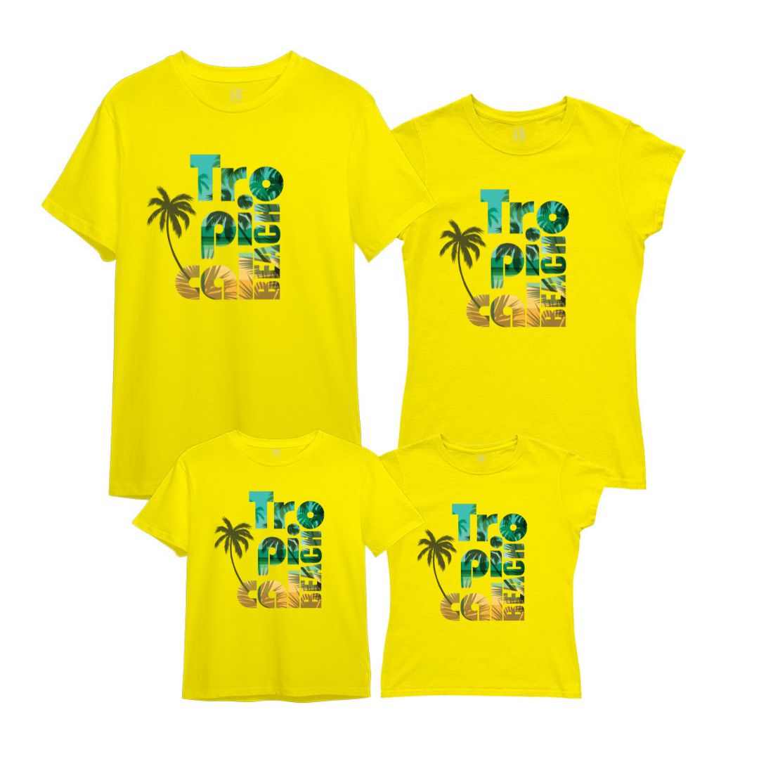 Tropical Beach and Coconut Tree Printed Family T-Shirts