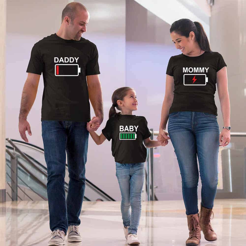 Full Charged Battery Matching Family T-Shirts Set of 3 Mom, Dad, Daughter