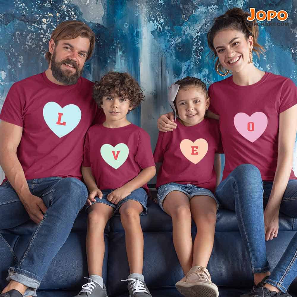 LOVE Alphabet Matching Family T-Shirts Set of 4 for Mom, Dad, Son & Daughter