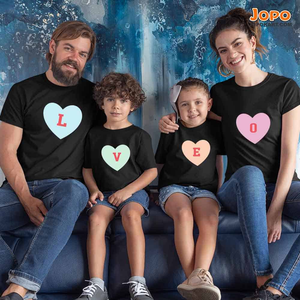 LOVE Alphabet Matching Family T-Shirts Set of 4 for Mom, Dad, Son & Daughter