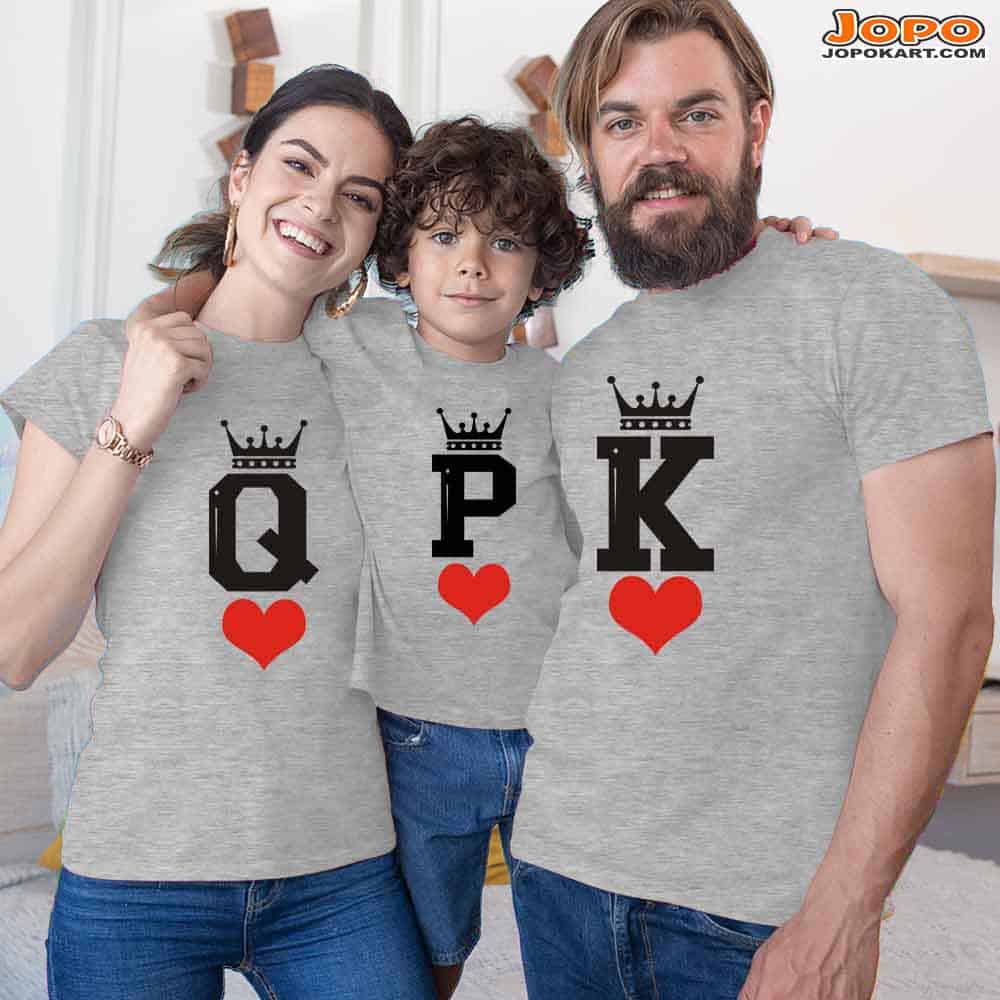 King K Queen Q Prince P Family T-Shirts Set of 3 for Mom, Dad, Son and Daughter
