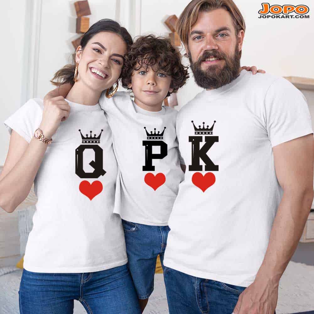 King K Queen Q Prince P Family T-Shirts Set of 3 for Mom, Dad, Son and Daughter