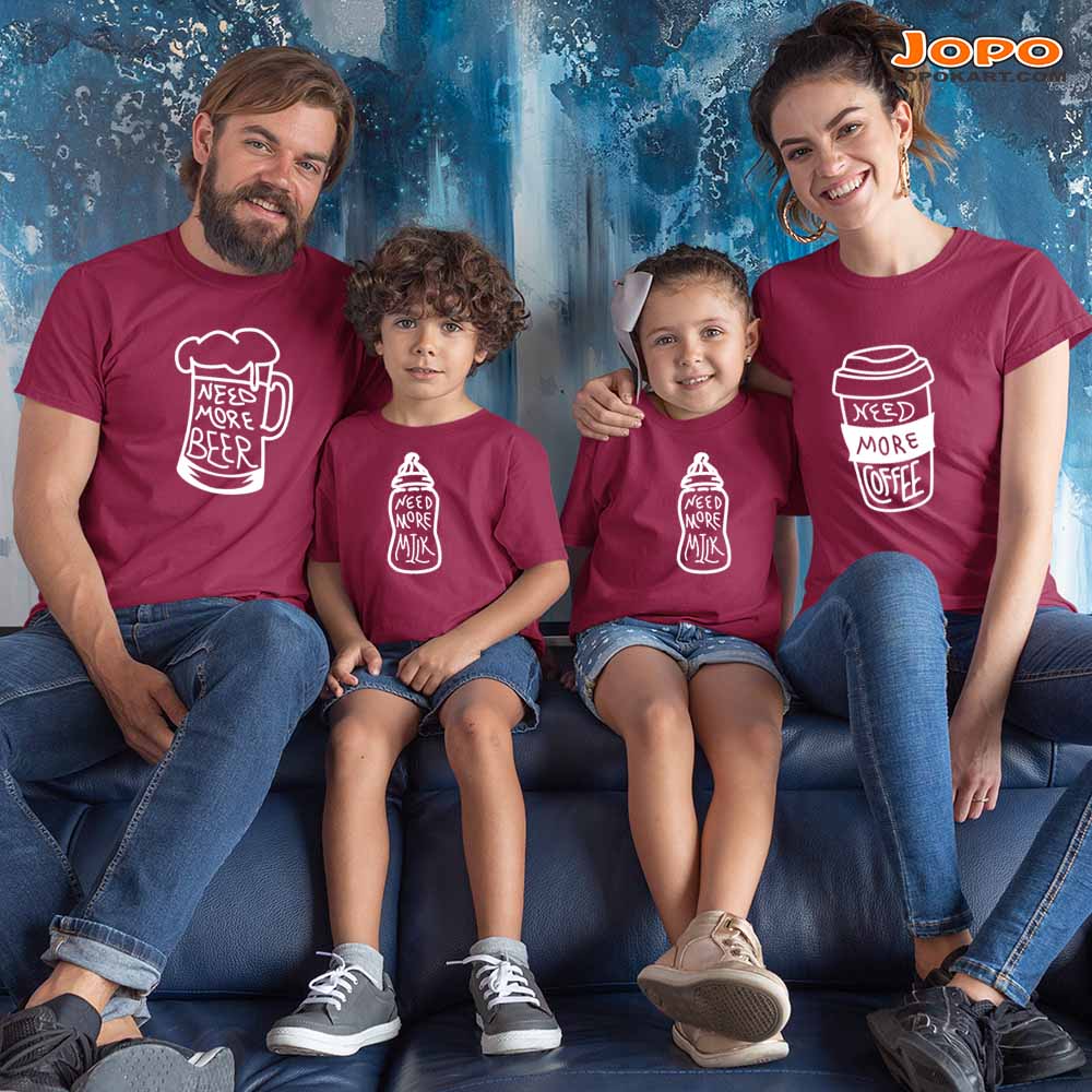 Need More Beer, Coffee Milk Family T-Shirts Set of 3 & 4 for Mom, Dad, Son & Daughter