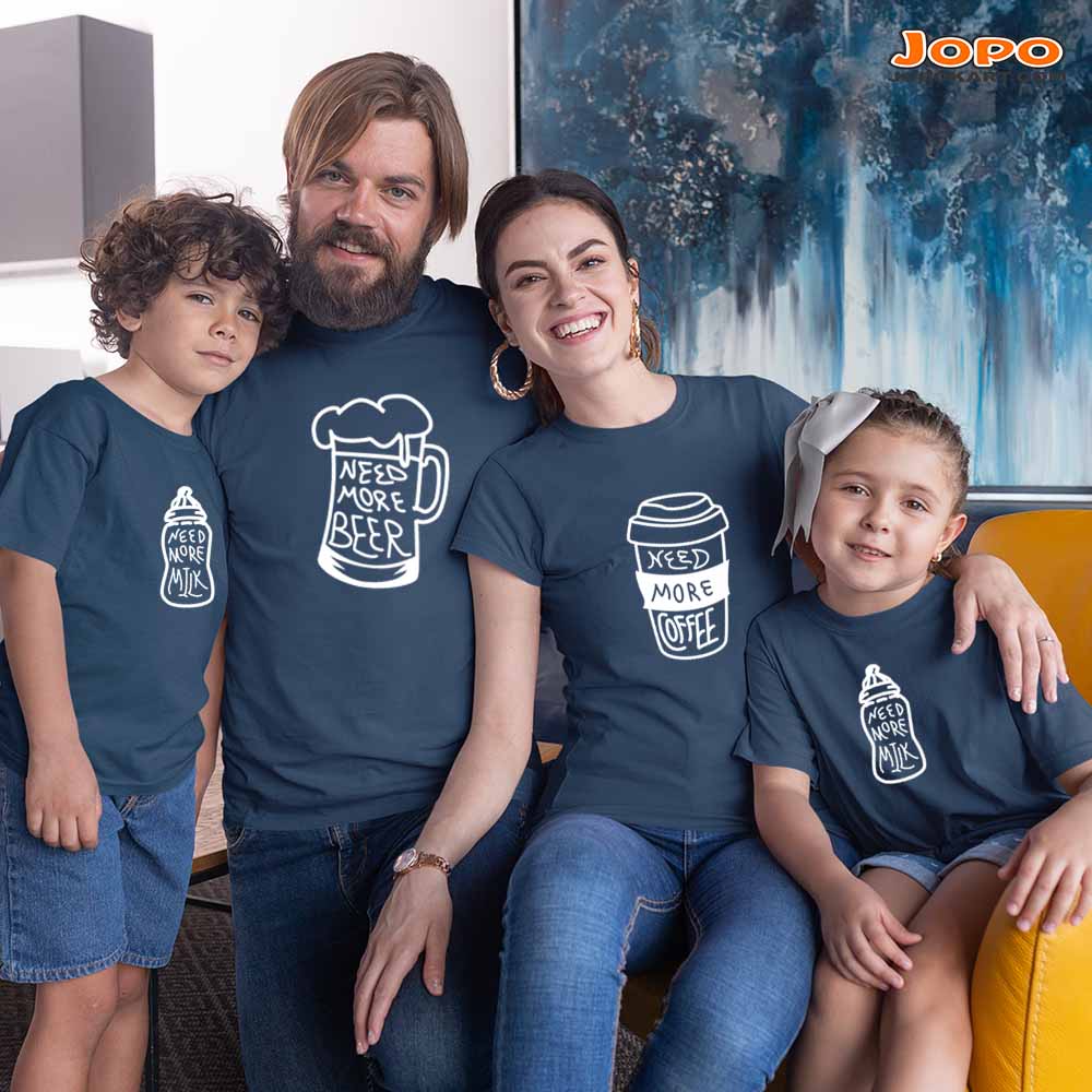 Need More Beer, Coffee Milk Family T-Shirts Set of 3 & 4 for Mom, Dad, Son & Daughter