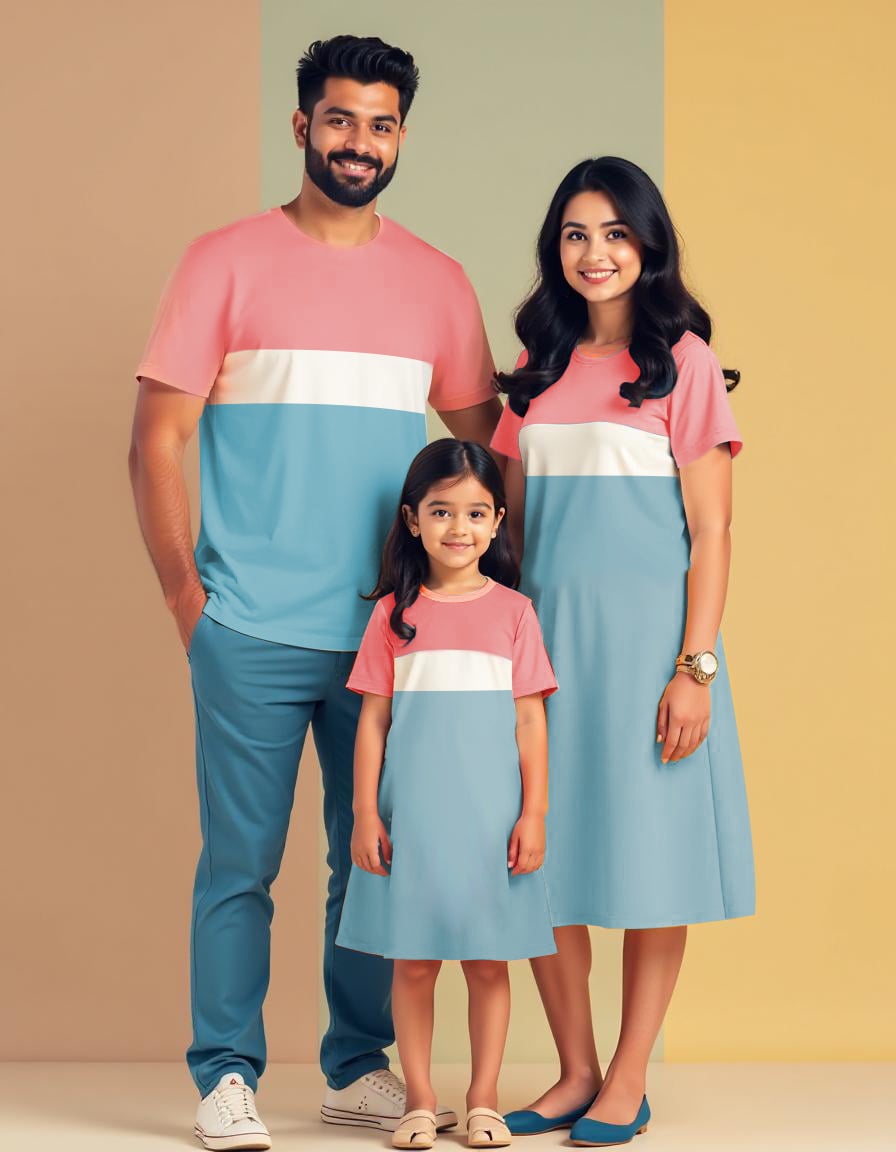 Pastel Pink-White-Pastel Blue Color Block Family Matching Combo Set