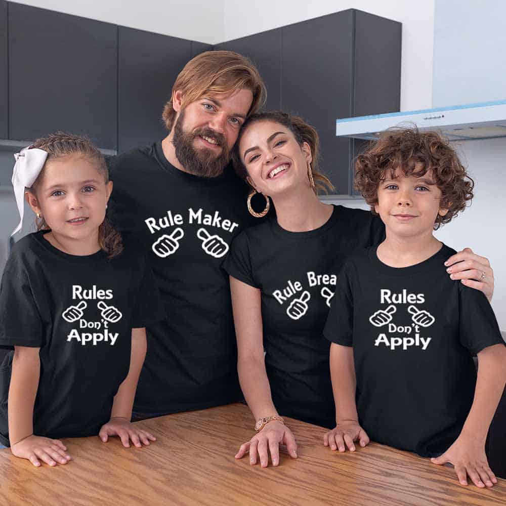 Rule Maker Breaker Rules Don't Apply Matching Family T-Shirts Set of 3 and 4 for Mom, Dad, Son and Daughter