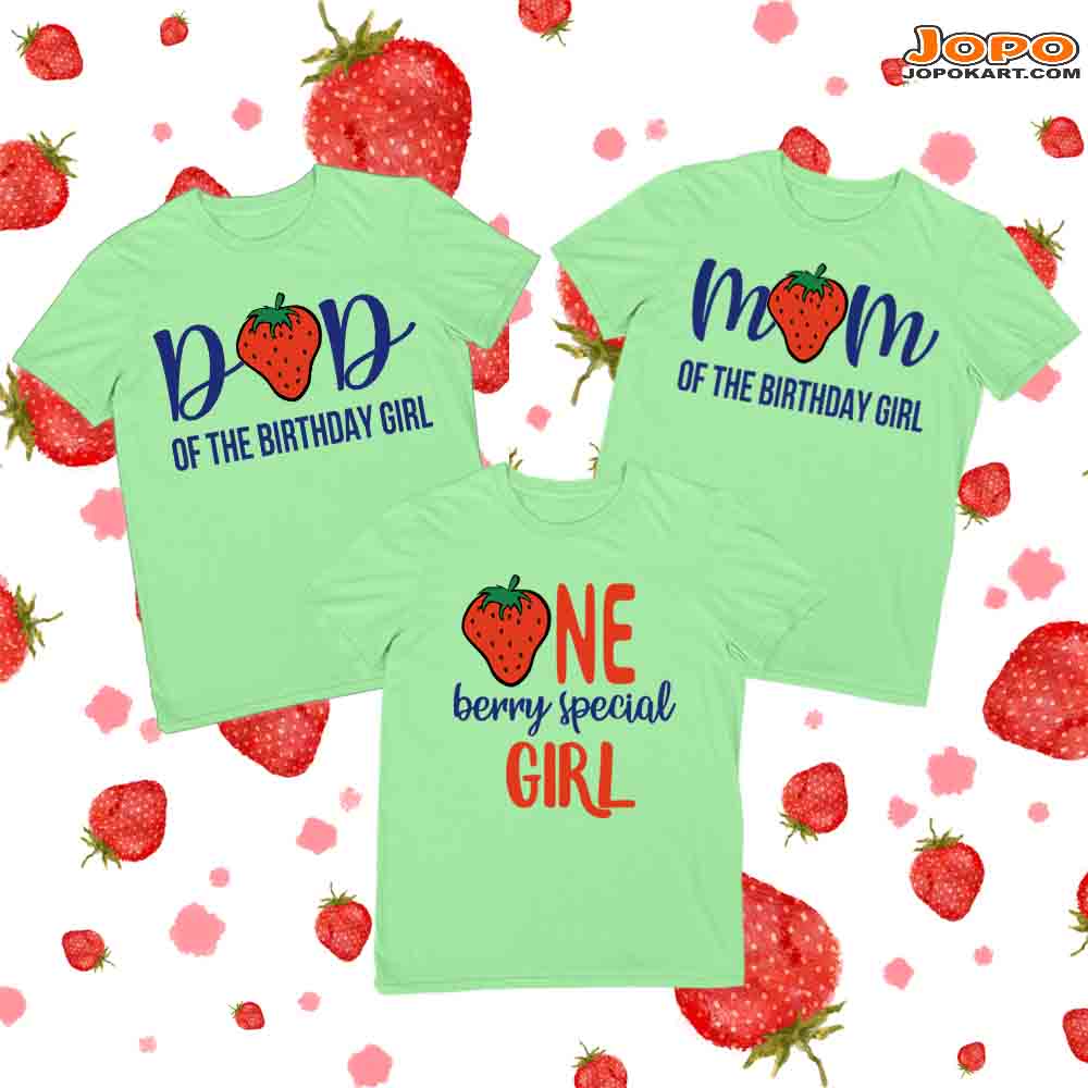 Strawberry Birthday Family T-Shirts Set of 3 for Mom, Dad, & Daughter