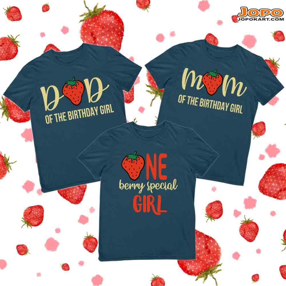 Strawberry Birthday Family T-Shirts Set of 3 for Mom, Dad, & Daughter