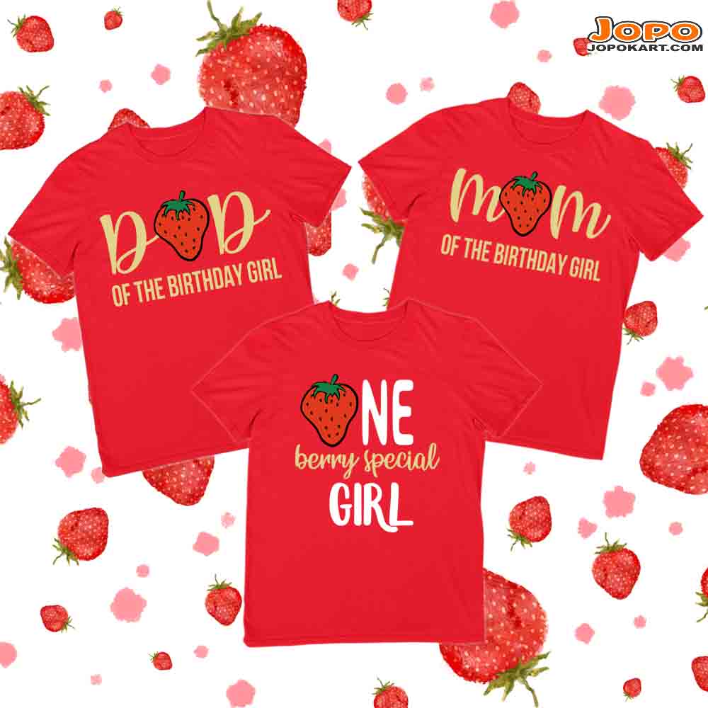 Strawberry Birthday Family T-Shirts Set of 3 for Mom, Dad, & Daughter