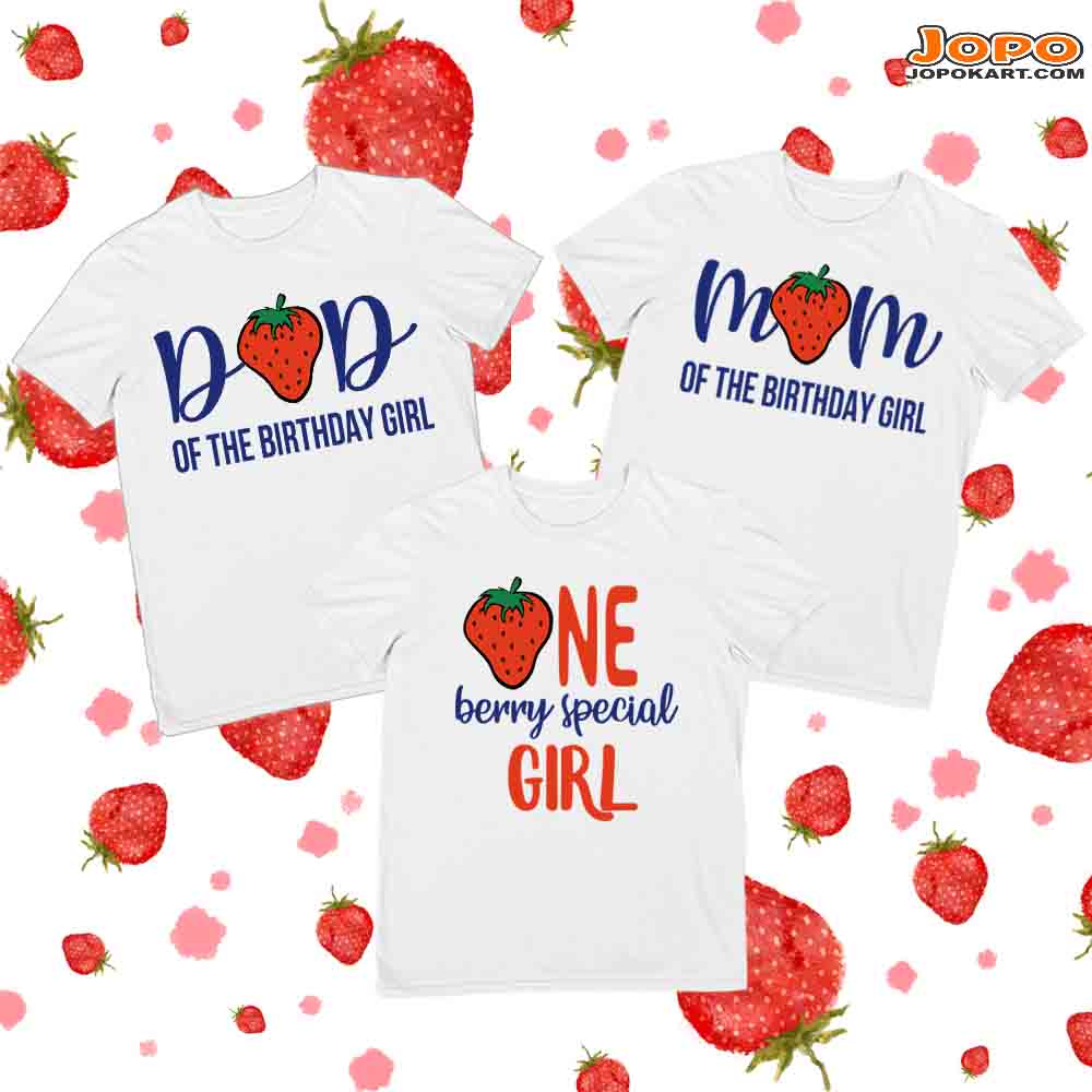 Strawberry Birthday Family T-Shirts Set of 3 for Mom, Dad, & Daughter